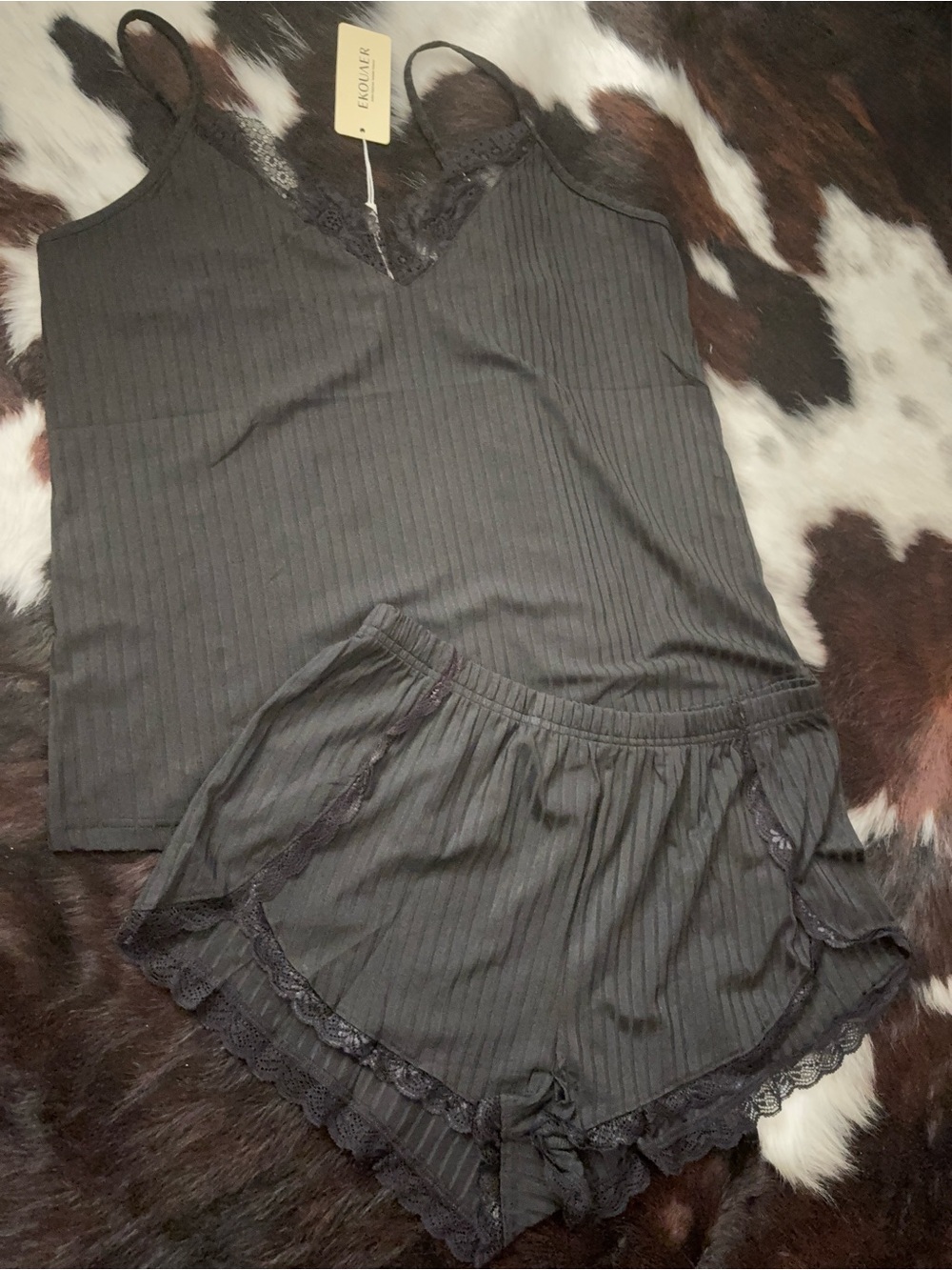 Ribbed Lace-Trim Cami & Short Pajama Set - Black